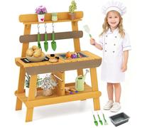 COSTWAY Mud Kitchen, Outdoor Kids Play Kitchen with Sink, BBQ Rack, Hanging Hooks, Storage Shelves & Gardening Accessories, Wooden Pretend Kitchen Playset for Boys Girls Ages 3+