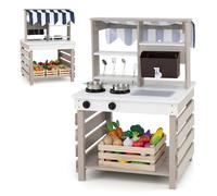 COSTWAY Mud Kitchen, Wooden Double-Sided Kids Play Kitchen with Removable Sink & Faucet, Kitchenware, Outdoor Pretend Kitchen Playset for Boys Girls Ages 3+ (Grey + White)
