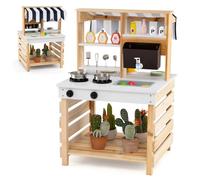 COSTWAY Mud Kitchen, Wooden Double-Sided Kids Play Kitchen with Removable Sink & Faucet, Kitchenware, Outdoor Pretend Kitchen Playset for Boys Girls Ages 3+ (Natural + White)