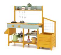 COSTWAY Mud Kitchen, Wooden Kids Play Kitchen with Removable Sink, Stoves, Planter Boxes, Trellis & Cooking Accessories, Outdoor Pretend Kitchen Playset for Boys Girls Ages 3-8 (Yellow + Light Green)