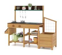 COSTWAY Mud Kitchen, Wooden Kids Play Kitchen with Removable Sink, Stoves, Planter Boxes, Trellis & Cooking Accessories, Outdoor Pretend Kitchen Playset for Boys Girls Ages 3-8 (Natural + Brown)