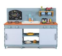 COSTWAY Mud Kitchen, Wooden Kids Play Kitchen with Stoves, Sink, Faucet, Grill Rack, Chalkboard, Flowerpots, Shelves & Cabinets, Outdoor Pretend Toy Kitchen Playset for Boys Girls Ages 3-8