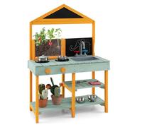 COSTWAY Mud Kitchen, Wooden Kids Toy Kitchen Age 3+ with See-Through Planter Box, Chalkboard, Sink & Faucet, Outdoor Pretend Kitchen Playset for Boys Girls Ages 3-8 (Green+Yellow)
