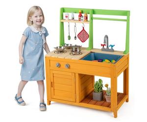 Costway Mud Kitchen Wooden Kids Toy Kitchen Outdoor Pretend Playset-Green