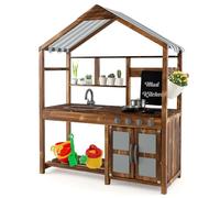 COSTWAY Mud Kitchen, Wooden Kids Toy Kitchen with Canopy, Chalkboard, Flower Pots, Removable Sink, Outdoor Pretend Kitchen Playset for Boys Girls Ages 3-7