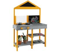 COSTWAY Mud Kitchen, Wooden Kids Toy Kitchen with See-Through Planter Box, Chalkboard, Sink & Faucet, Outdoor Pretend Kitchen Playset for Boys Girls Ages 3-8 (Grey+Yellow)
