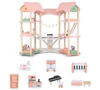 Costway Multi-Layer Wooden Dollhouse Versatile Kids Playhouse Toy-Pink