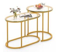 Costway Nesting Coffee Table Set Of 2 Round & Oval End Tables With Tempered Glass Tabletop
