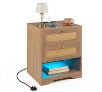 Costway Nightstand with Charging Station LED Light Strip in Khaki COSTWAY Khaki