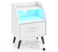 Costway Nightstand With Led Lights & Power Outlets Rustic Brown/white