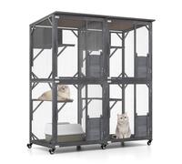 COSTWAY Outdoor Cat House, 160 x 70 x 182cm Large Cat Enclosure on Wheels with Jumping Platforms, Resting Boxes, Doors & Weatherproof Asphalt Roof, Wooden Cat Cage Catio Kitty Kennel Playpen