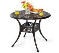 Costway Outdoor Dining Table Round Cast Aluminum Patio Dining Table w/ Umbrella Hole in Dark Brown COSTWAY Dark Brown