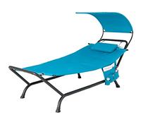 COSTWAY Outdoor Hammock with Stand and Canopy, Patio Swing Hammock Bed with Cushion, Pillow & Storage Pocket, Heavy Duty Steel Frame Hanging Chaise Lounge for Garden Lawn Poolside Camping (Blue)