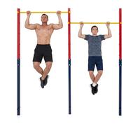 COSTWAY Outdoor In-Ground Pull Up Bar Station, Heavy Duty Metal Chin Up Bar with 5 Adjustable Heights and 2/3 Ground Anchors, Single/Double Free Standing Fitness Equipment (Navy+Red, Double)