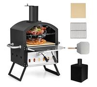 COSTWAY Outdoor Pizza Oven, 1/2-Layer Wood Fired Pizza Maker with Waterproof Cover, Anti-scalding Handles, Pizza Stone & Pizza Peel, Outside Pizza Cooker (54 x 31 x 72 cm, 2-Layer, 1 Grill)