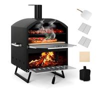 COSTWAY Outdoor Pizza Oven, 1/2-Layer Wood Fired Pizza Maker with Waterproof Cover, Anti-scalding Handles, Pizza Stone & Pizza Peel, Outside Pizza Cooker (60 x 53 x 82 cm, 2-Layer, 2 Grills)