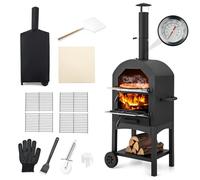 COSTWAY Outdoor Pizza Oven, Portable Wood Fire Pizza Maker with Waterproof Cover, Chimney and Pizza Stone, Charcoal BBQ Grill Camping Pizza Cooker (no Side Storage Shelves, 64 x 53 x 162 cm)