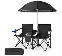 Costway Outdoor Portable Double Camping Chair Folding Picnic Chairs W/ Umbrella & Ice Bag in Black COSTWAY Black