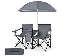 Costway Outdoor Portable Double Camping Chair Folding Picnic Chairs W/ Umbrella & Ice Bag in Grey COSTWAY Grey