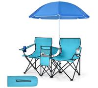 Costway Outdoor Portable Double Camping Chair Folding Picnic Chairs W/ Umbrella & Ice Bag in Turquoise COSTWAY Turquoise