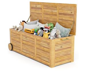 Costway Outdoor Storage Box 180L Acacia Wooden Patio Storage Deck Box W/ Wheels