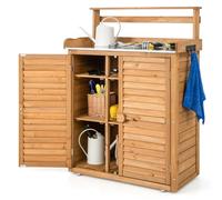 COSTWAY Outdoor Storage Shed, Wooden Garden Potting Bench Table with Galvanized Top, 3 Hanging Hooks & Removable Shelves, Waterproof Tools Cabinet Planting Workstation for Patio Courtyard Balcony