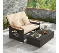 Costway Outdoor Sun Lounger Daybed Rattan Woven Loveseat Ottoman Set W/ Adjustable Backrest-Beige