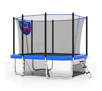 COSTWAY Outdoor Trampoline, 10FT x 8FT Rectangle Trampoline with Basketball Hoop, Soccer Goal, Storage Bag, Safety Enclosure Net and Ladder, Recreational Trampolines for Toddlers & Adults (Blue)