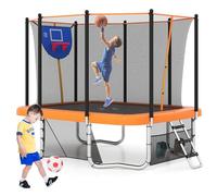 COSTWAY Outdoor Trampoline, 10FT x 8FT Rectangle Trampoline with Basketball Hoop, Soccer Goal, Storage Bag, Safety Enclosure Net and Ladder, Recreational Trampolines for Toddlers & Adults (Orange)