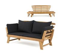 Costway Outdoor Wooden Daybed Patio Convertible Couch Sofa Folding Chaise Lounge Bench-Black