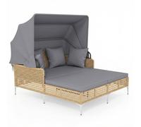 Costway Patio Daybed w/Retractable Canopy PE Rattan Wicker Double Lounger Bed in Grey COSTWAY Grey