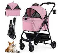 COSTWAY Pet Stroller, 3 in 1 Folding Dog Pram with Detachable Car Seat Carrier, Adjustable Canopy, Storage Basket, Cup Holder, Safety Leash, Travel Pushchair for Dogs Cats (Pink)