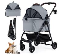 COSTWAY Pet Stroller, 3 in 1 Folding Dog Pram with Detachable Car Seat Carrier, Adjustable Canopy, Storage Basket, Cup Holder, Safety Leash, Travel Pushchair for Dogs Cats (Grey)