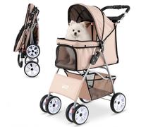 COSTWAY Pet Stroller, 4 Wheels Foldable Dog Pushchair Cat Pram with Adjustable Canopy, Storage Basket, Cup Holder & Safety Leash, Lightweight Pet Travel Buggy for Small Dog Cat (Beige)