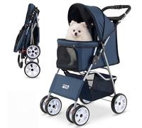 COSTWAY Pet Stroller, 4 Wheels Foldable Dog Pushchair Cat Pram with Adjustable Canopy, Storage Basket, Cup Holder & Safety Leash, Lightweight Pet Travel Buggy for Small Dog Cat (Navy)