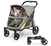 COSTWAY Pet Stroller, Foldable Dog Pushchair with Top & Front Windows | One-Step Foot Brake, 2 Doors, Storage Bag, Cup Holders, Pet Travel Buggy for Small Medium Large Dogs Cats, 100kg Max Load
