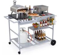 COSTWAY Pizza Oven Cart, Outdoor Grill Table with Wheels, Gas Tank Holder, Storage Shelves & Spice Rack, Movable BBQ Trolley Food Prep Station for Backyard, Picnic, Garden