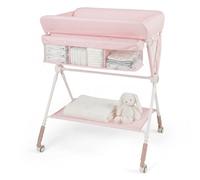 Costway Portable Baby Changing Table Foldable Infant Nursery Station With Wheels-Pink