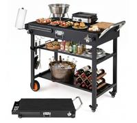 COSTWAY Portable Grill Table, Folding Grill Cart BBQ Prep Table with Heat-Resistant Mat, Magnetic Knife Holder & Wheels, Heavy-Duty Pizza Oven Stand Outdoor Kitchen Unit (109 x 46 x 87 cm, 2 Shelves)