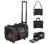 COSTWAY Portable Rolling Pet Carrier, Foldable Soft-sided Dog Travel Crate with Wheels, Telescopic Handle, Shoulder Strap, Washable Pad, Safety Leash, Mesh Opening & Pocket (Black, 43 x 33 x 32cm)