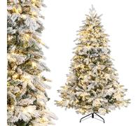 COSTWAY Pre-Lit Snow Flocked Christmas Tree, Hinged Artificial Xmas Tree with Warm-White LED Lights, Branch Tips, Foldable Metal Stand, Xmas Holiday Decor for Home Office (108 x 108 x 175 cm)