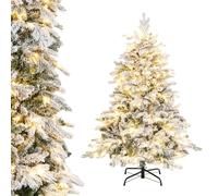 COSTWAY Pre-Lit Snow Flocked Christmas Tree, Hinged Artificial Xmas Tree with Warm-White LED Lights, Branch Tips, Foldable Metal Stand, Xmas Holiday Decor for Home Office (90 x 90 x 135 cm)