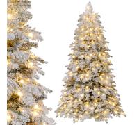 COSTWAY Pre-Lit Snow Flocked Christmas Tree, Hinged Artificial Xmas Tree with Warm-White LED Lights, Mixed Branch Tips, Foldable Metal Stand, Xmas Holiday Decor for Home Office (210 cm)