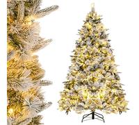 COSTWAY Pre-Lit Snow Flocked Christmas Tree, Hinged Artificial Xmas Tree with Warm-White LED Lights, Mixed Branch Tips, Foldable Metal Stand, Xmas Holiday Decor for Home Office (186 cm)