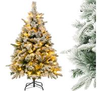 COSTWAY Pre-Lit Snow Flocked Christmas Tree, Hinged Artificial Xmas Tree with Warm-White LED Lights, Mixed Branch Tips, Foldable Metal Stand, Xmas Holiday Decor for Home Office (136 cm)