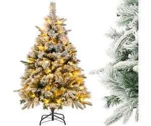 COSTWAY Pre-Lit Snow Flocked Christmas Tree, Hinged Artificial Xmas Tree with Warm-White LED Lights, Mixed Branch Tips, Foldable Metal Stand, Xmas Holiday Decor for Home Office (136 cm)
