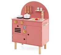 Costway Pretend Play Kitchen Wooden Kitchen Playset With Stoves Pink