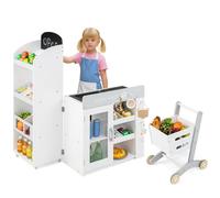 COSTWAY Pretend Play Shop, Kids Supermarket Playset with Shopping Cart, Scanner, Chalkboard & Checkout Belt, Wooden Role Play Grocery Store for Ages 3+ (Convertible)