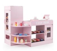 COSTWAY Pretend Play Shop, Kids Supermarket Playset with Vending Machine, Scanner, 13 Food Toys, Wooden Role Play Grocery Store for Children Ages 3+ (Pink)