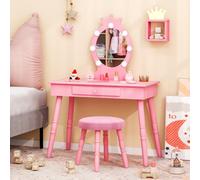 Costway Princess Dressing Table & Chair Set Kids Vanity Set W/ Lighted Mirror-Pink